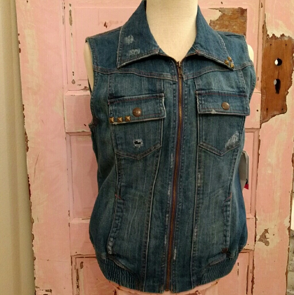 Roxy Distressed Embellished Sleeveless Jean Jacket