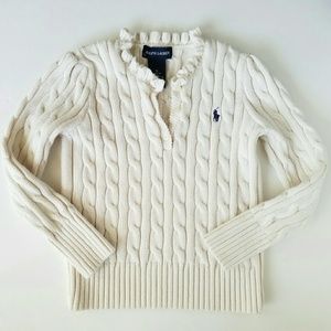 Ralph Lauren Girls Ruffle Cable Knit Logo Sweater