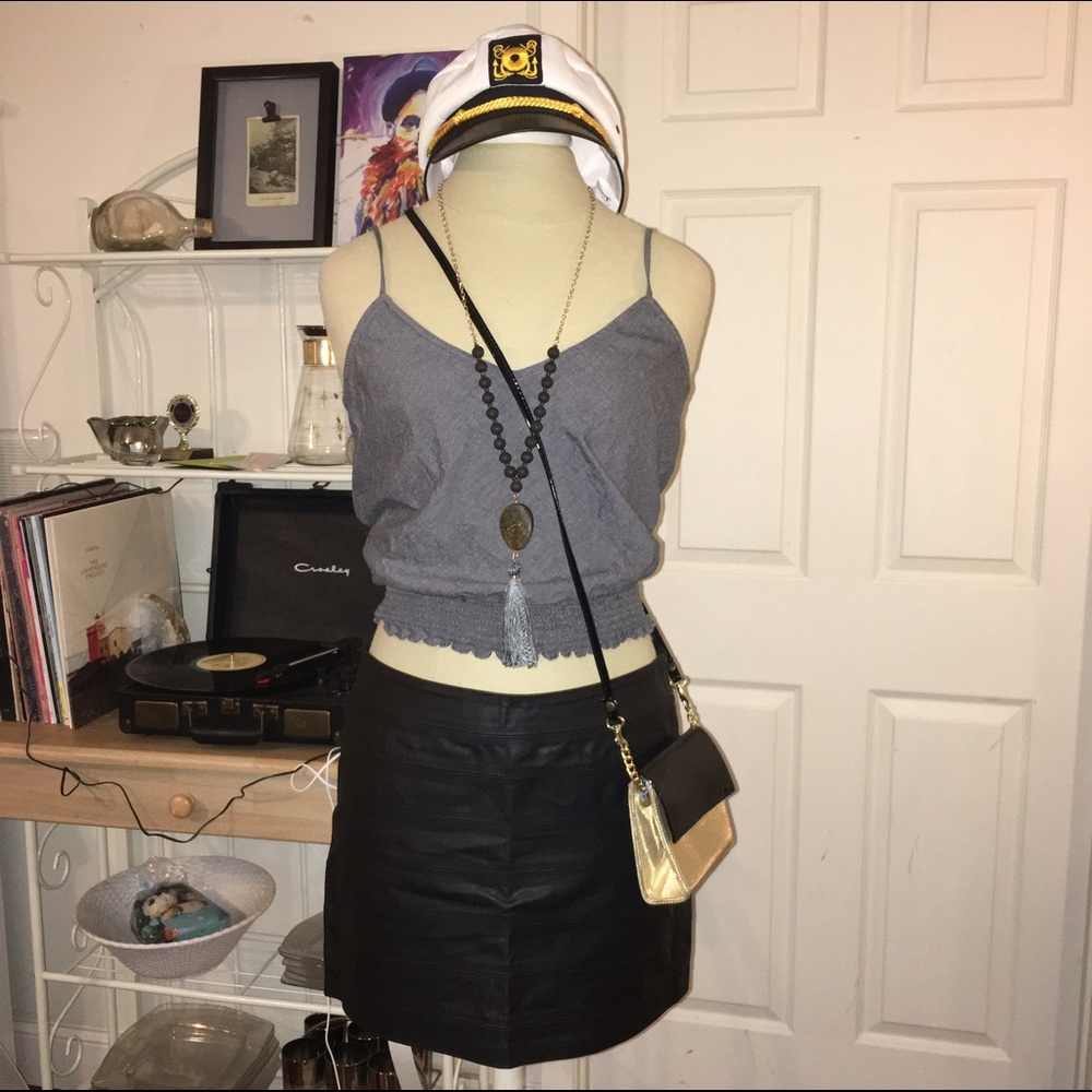 Vintage Seamed Black Leather Mini Skirt
