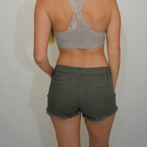 Olive distressed denim shorts