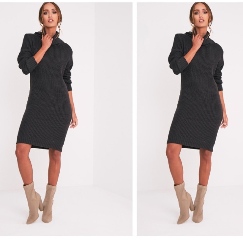 Charcoal Cowl Neck Midi Ribbed Dress