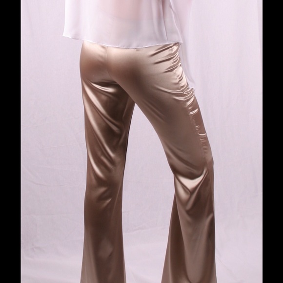 Gold color stretch satin bell bottom pants - Picture 2 of 6