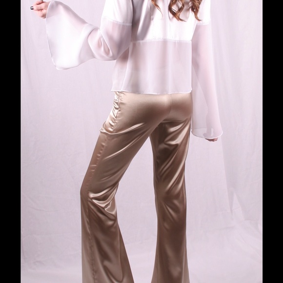 Gold color stretch satin bell bottom pants - Picture 3 of 6