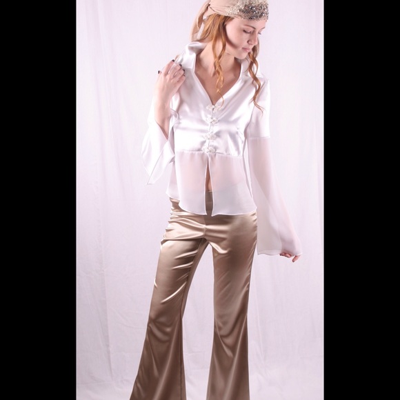 Gold color stretch satin bell bottom pants - Picture 4 of 6