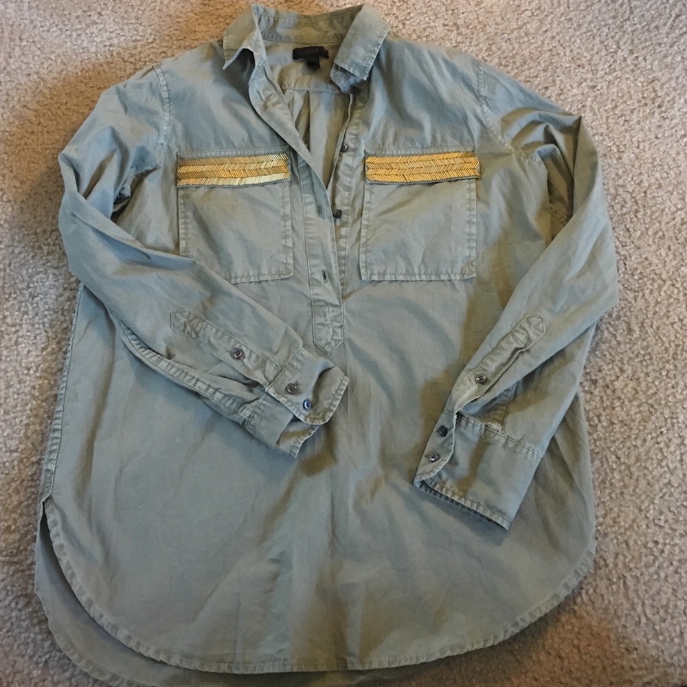 J. Crew army green embellished blouse