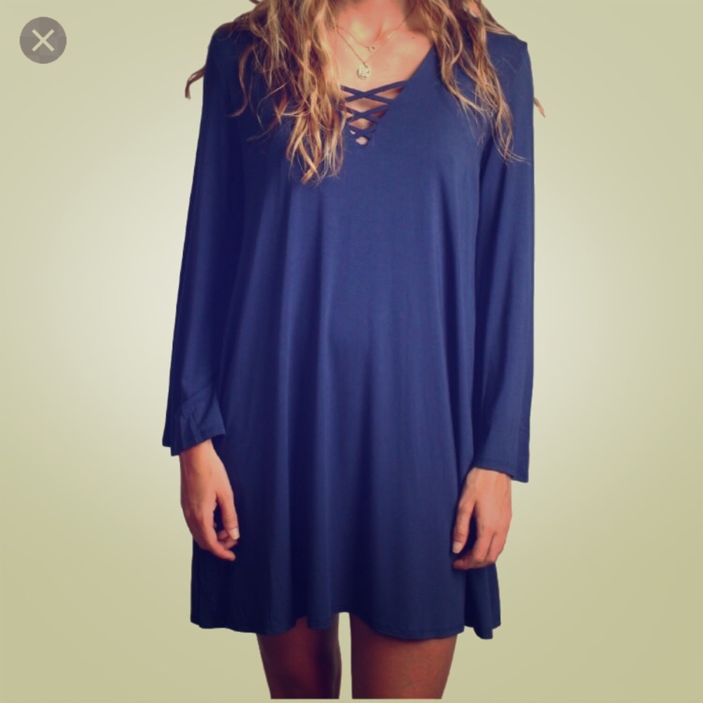 Navy Piko lace up swing dress