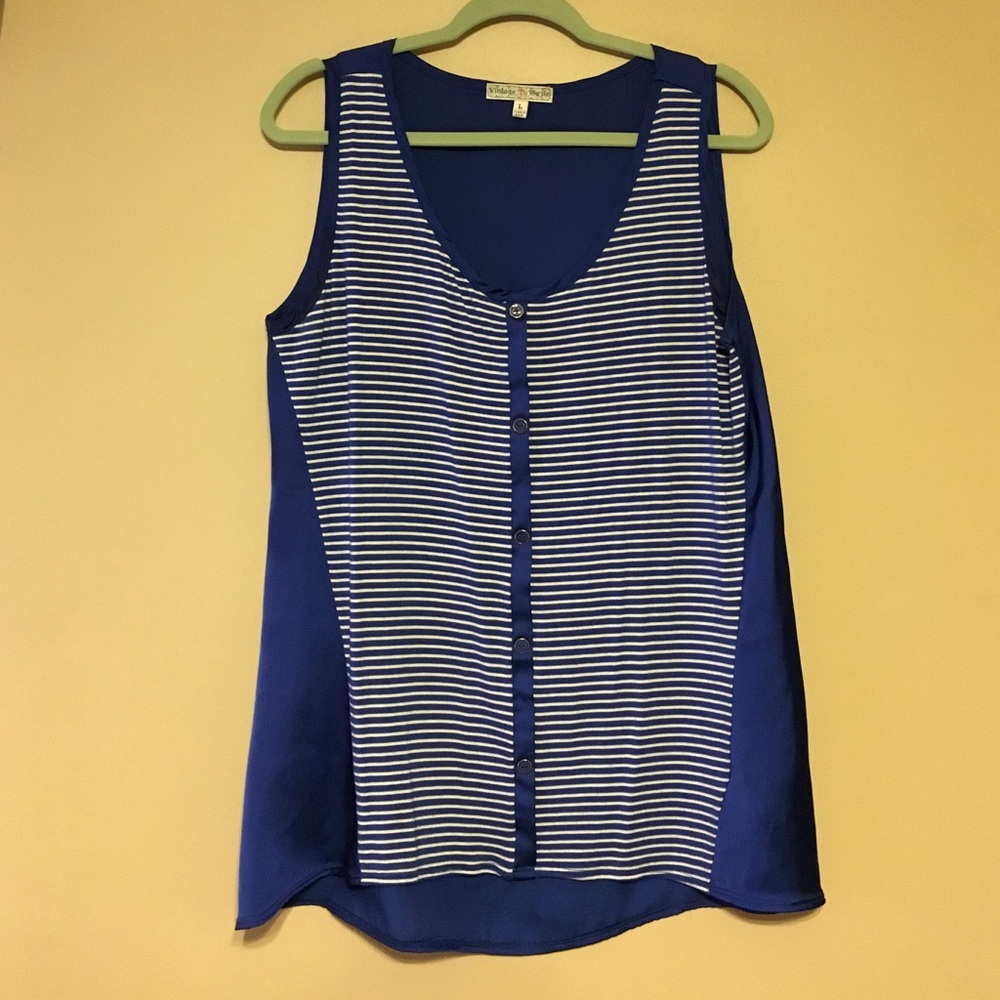Blue silk tank top with striped front