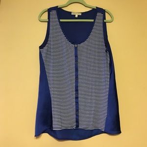 Blue silk tank top with striped front