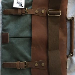 Gutzzi brown leather & green canvas laptop bag