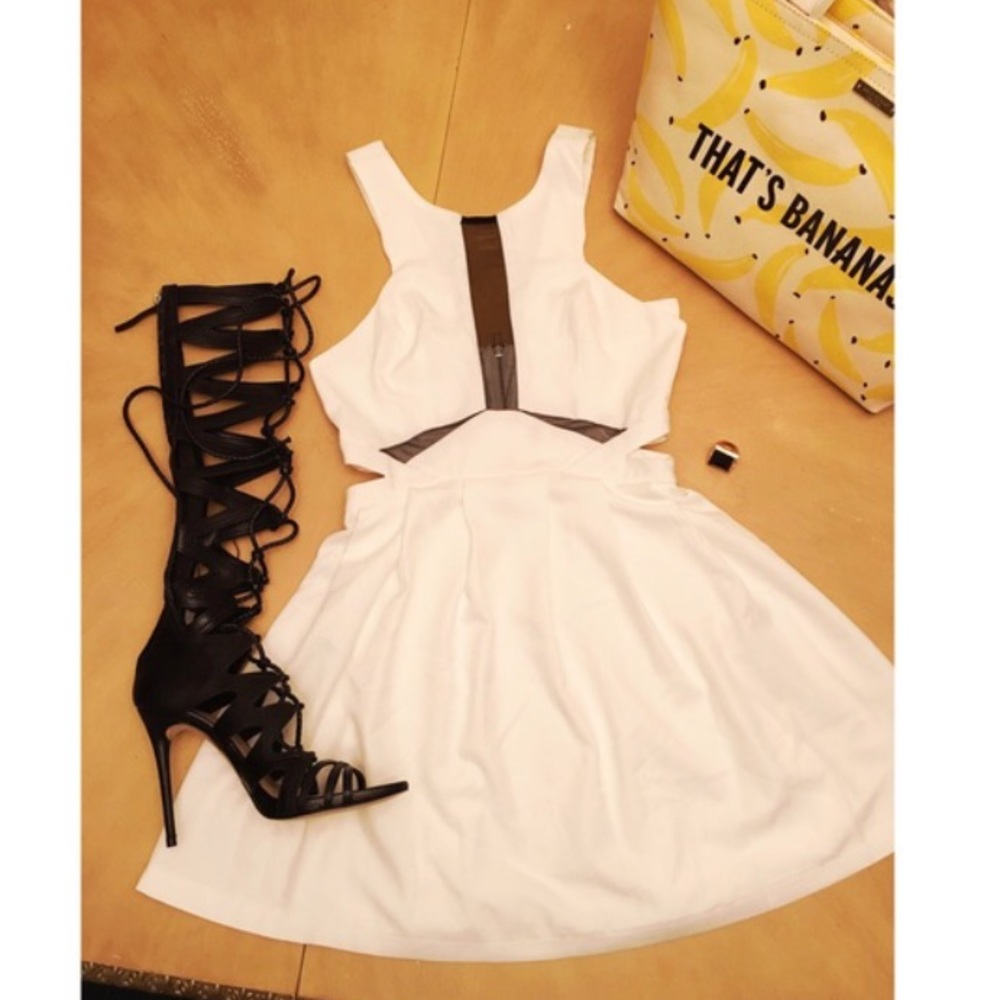 White and black mesh side cut out dress