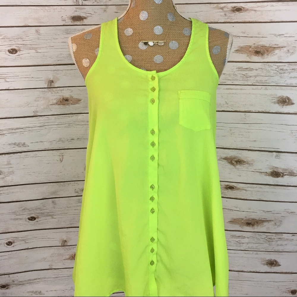 Neon Lime Green Button Down Tank Top 👗 - Picture 1 of 3