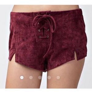 Burgundy Velvet Lace Up Shorts