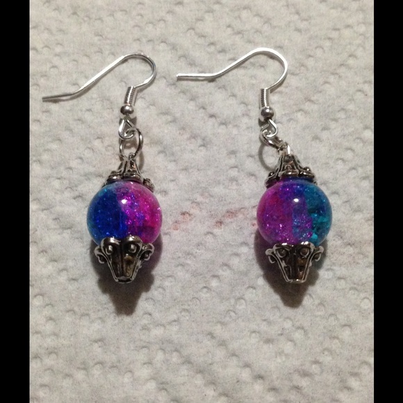 Blue and Pink Sparkly Glass Bead Earrings - Picture 2 of 2