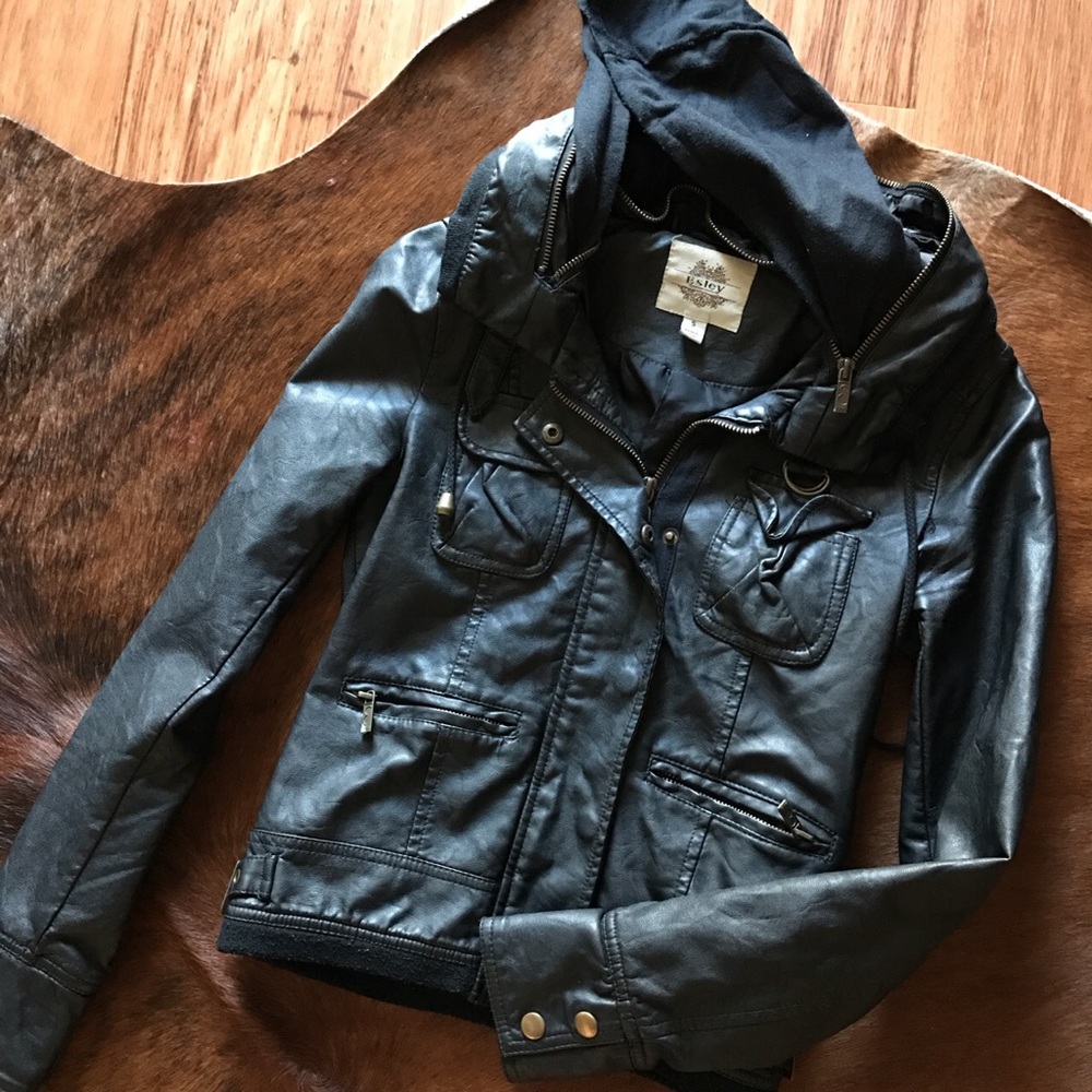 Faux hoodie leather jacket
