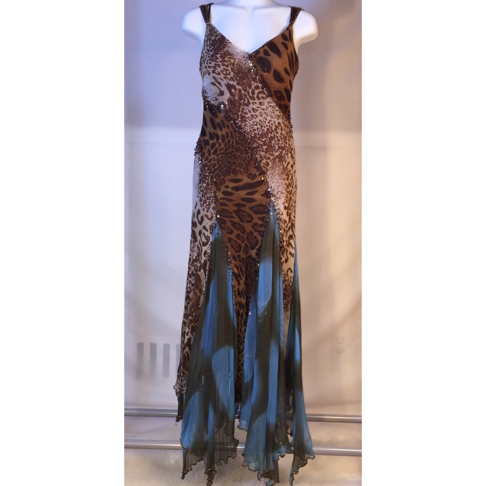 Leopard Beaded Long Formal Prom Dress Thin Straps