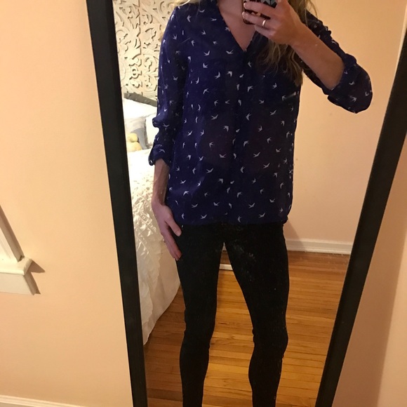 Tops - Blue flowy sheer top with birds.