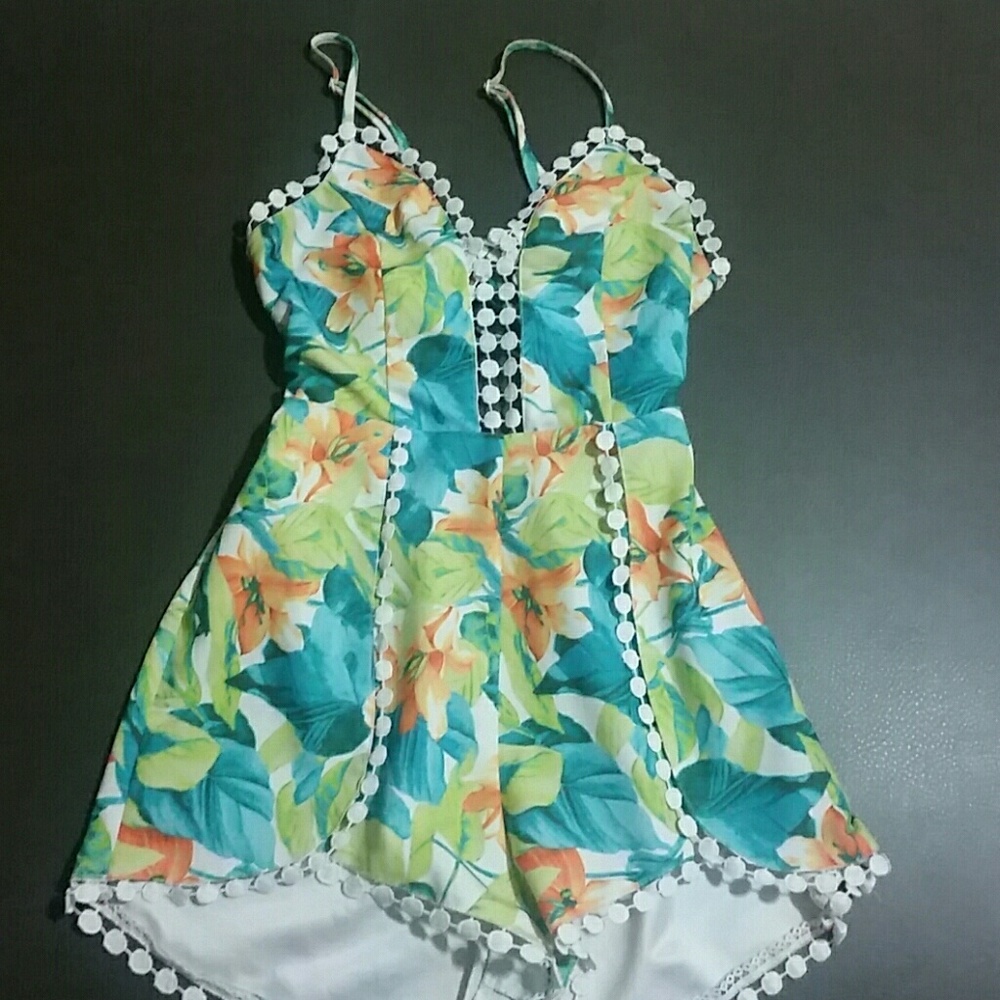 Open back tropical print romper