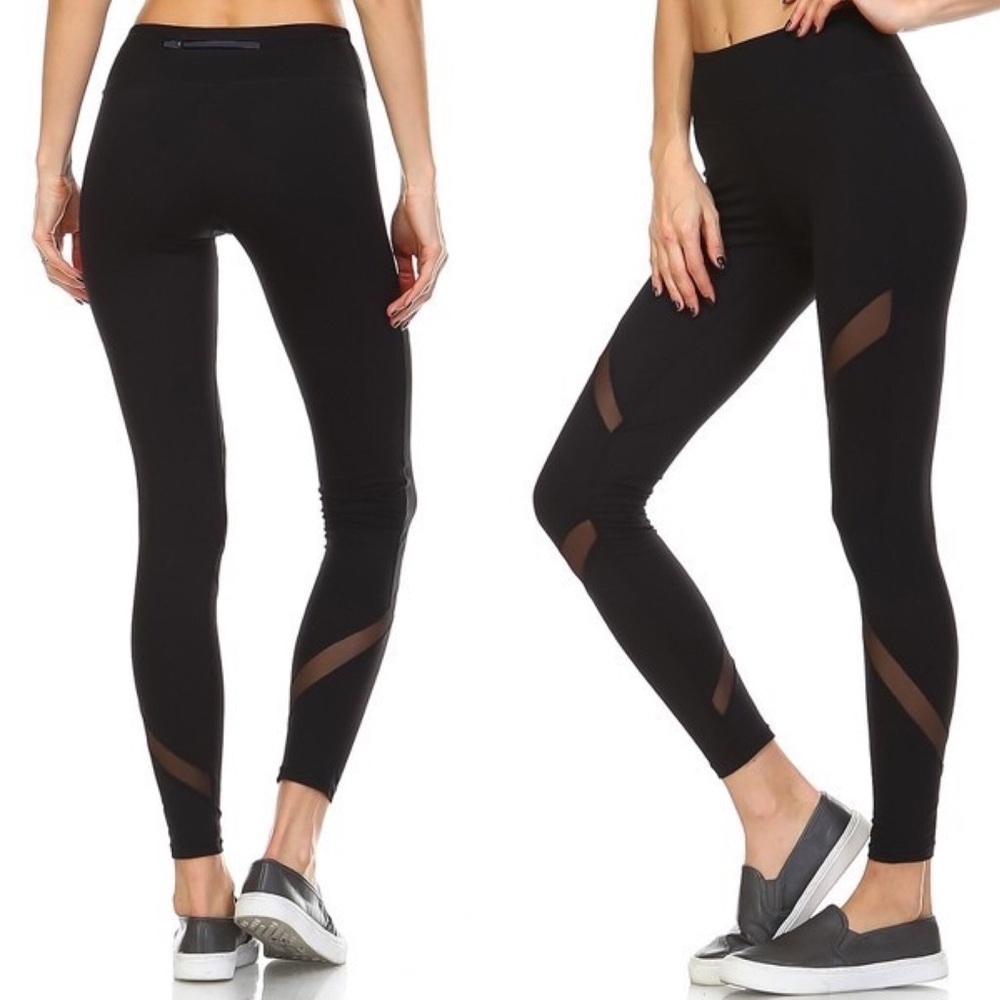 Solid Mesh Panel Elastic High Waist Active Legging