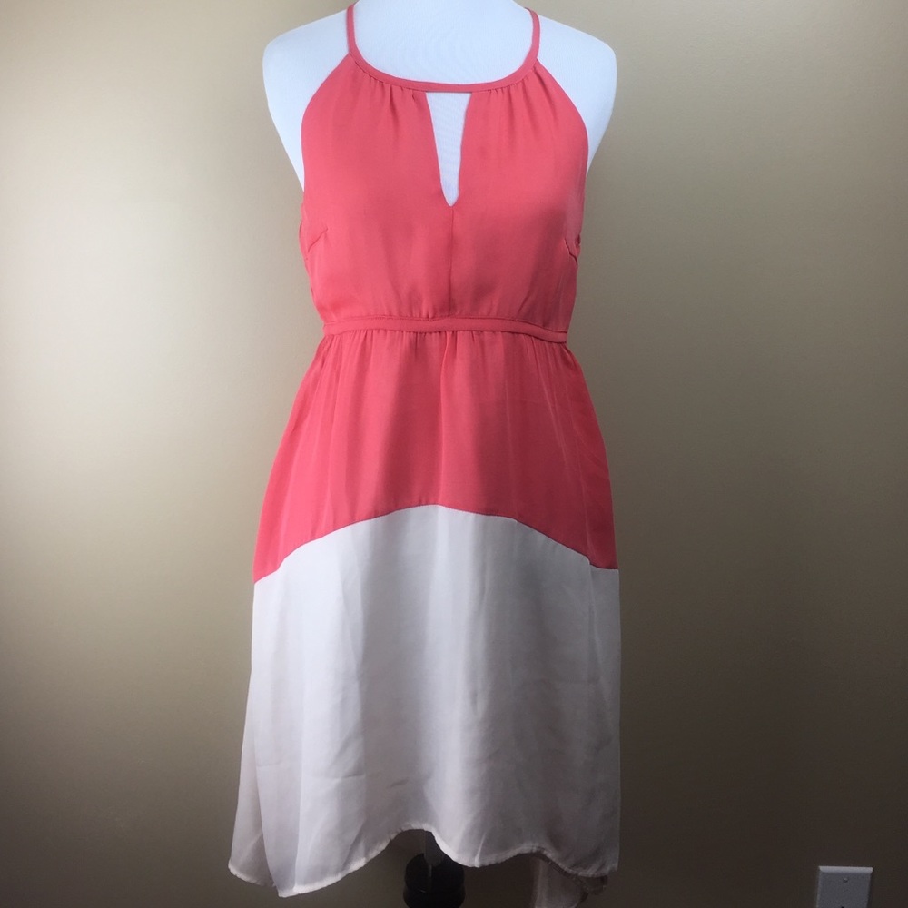 Coral and cream color block dress