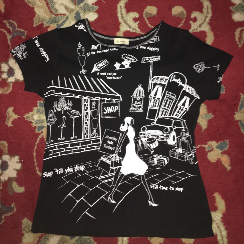 "Shopping" Themed Black & White Tee Shirt