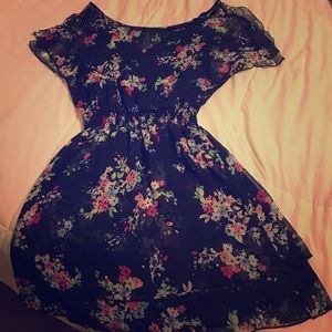 An Express floral dress, layered with slip