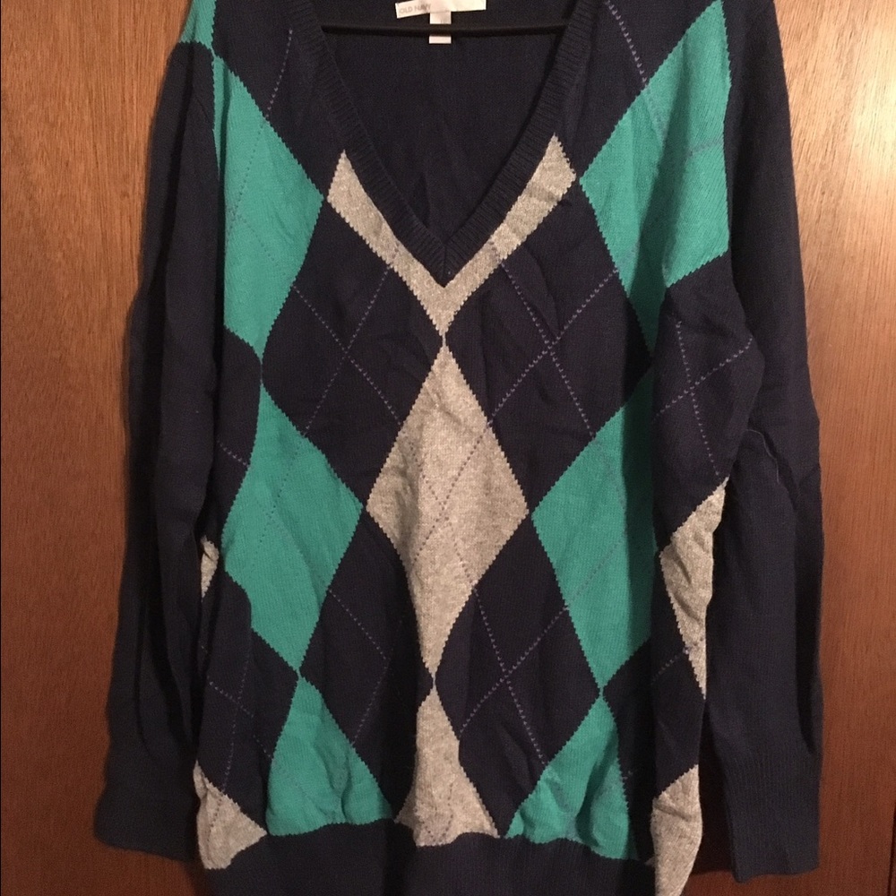 NEW Old Navy blue gray argyle v neck sweater XXL