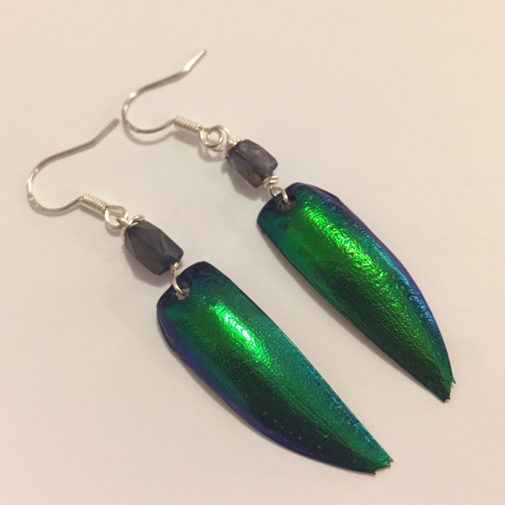Beetle wing earrings with iolite crystal
