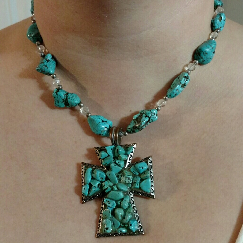 Teal cross necklace