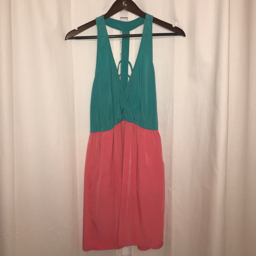 Backless Boutique teal and coral dress