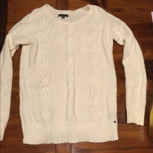 White cable knit beaded sweater
