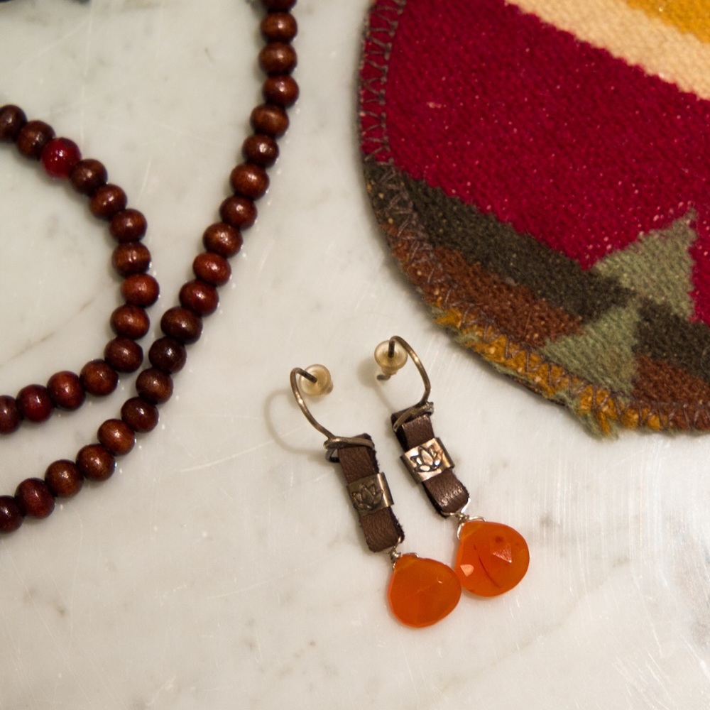 Leather gemstone lotus earrings