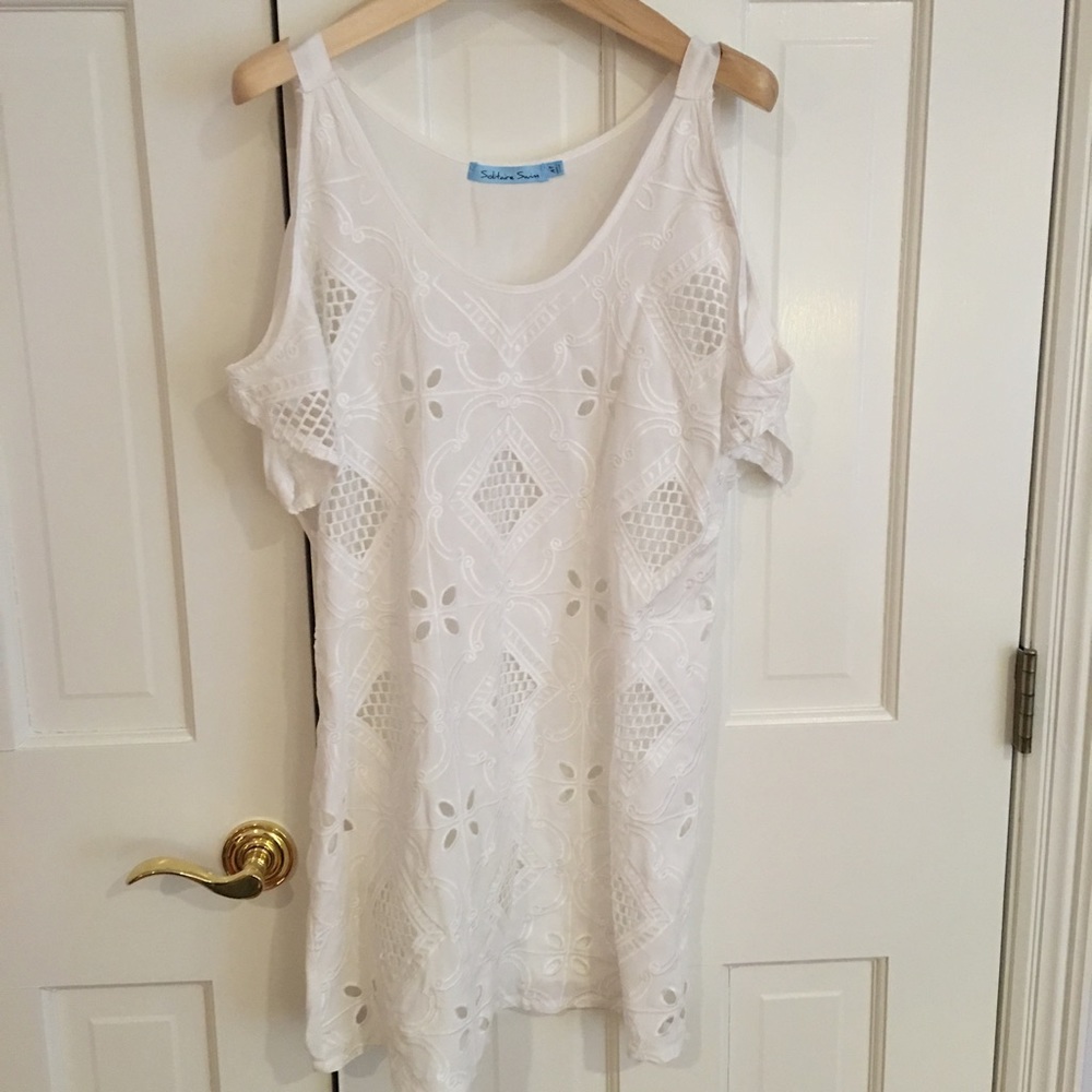 White cover-up dress with eyelet detail