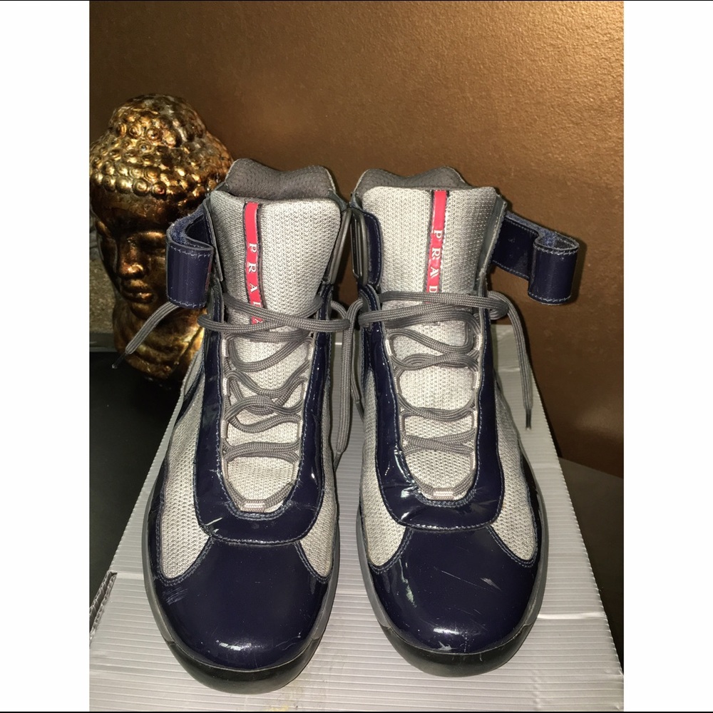 9.5 blue Patton leather hi top Prada boots