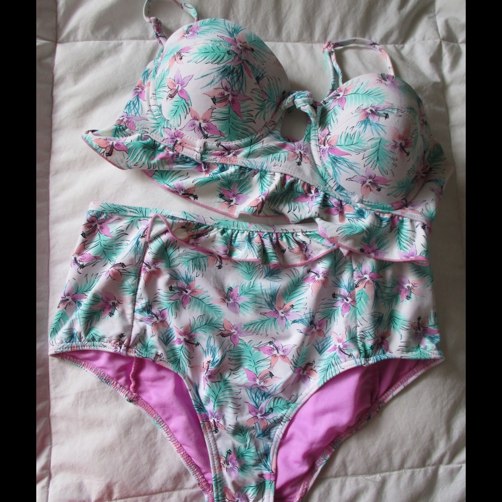 Tropical Print Swim Top & High Waisted Bottom
