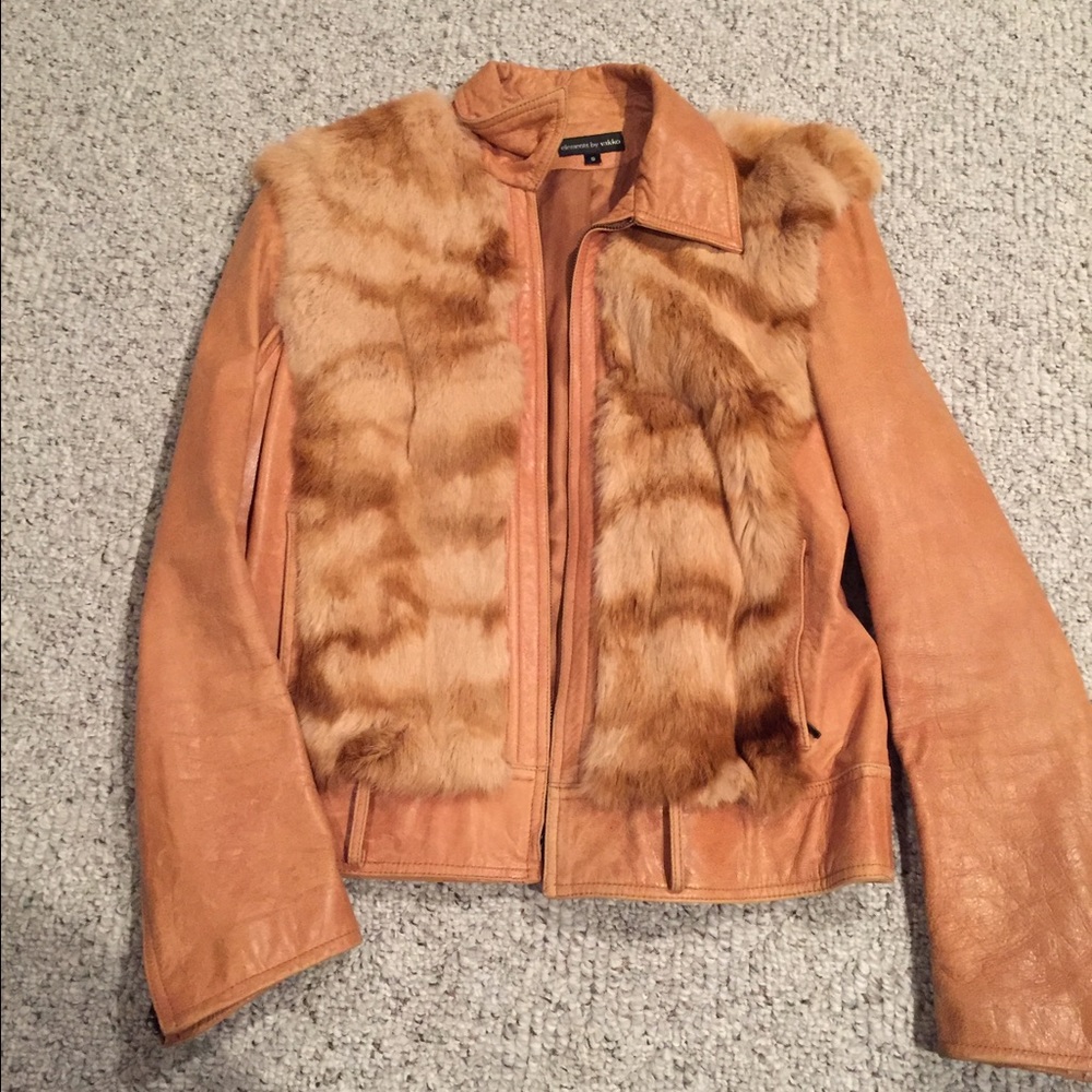 Women's leather jacket with rabbit fur