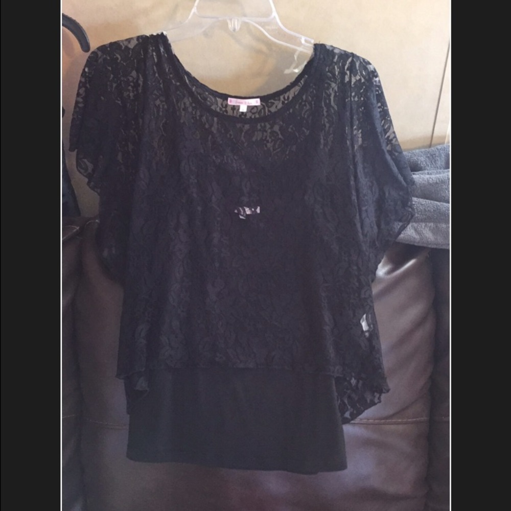 Black cami with attached lace over shirt