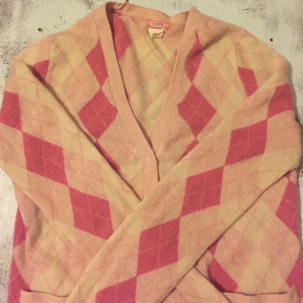 J. Crew 100% Cashmere Pink Argyle V-neck cardigan.