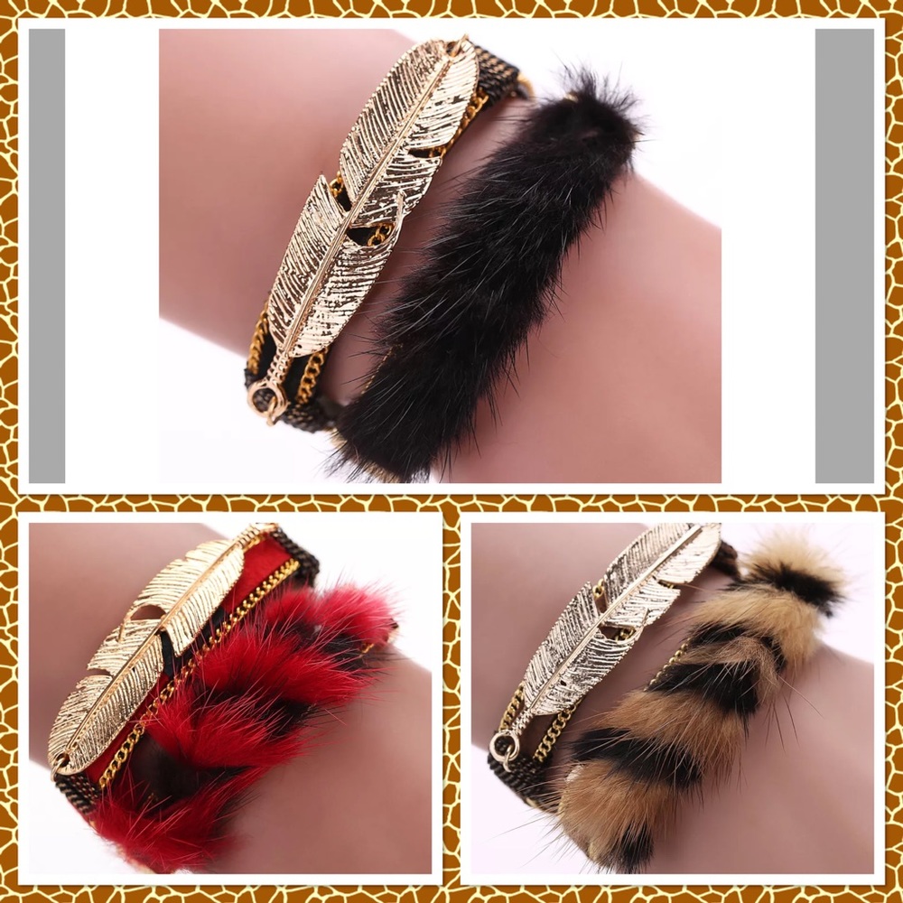 Leather warp wristband leaf fur punk bracelet - Picture 1 of 2