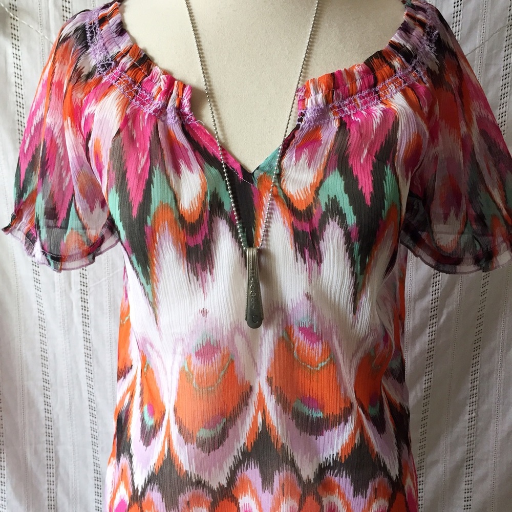 Lucky Brand Sheer Pleated Blouse Top Shirt Short Sleeve Size Small