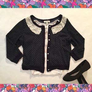 Monteau Navy Polka Dot Lace Button Down Cardigan