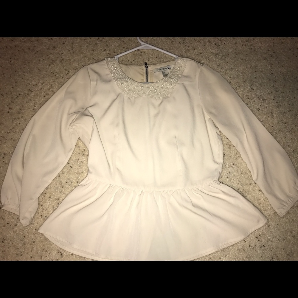Forever 21 cream peplum shirt with pearl collar