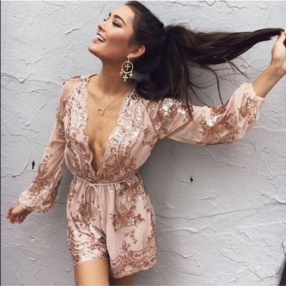 Rose Gold Sequin Sheer Romper Party Outfit - Picture 3 of 8