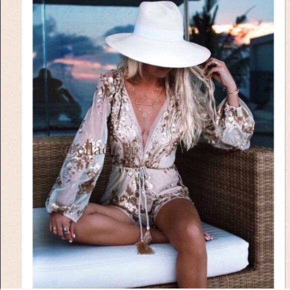 Rose Gold Sequin Sheer Romper Party Outfit - Picture 2 of 8