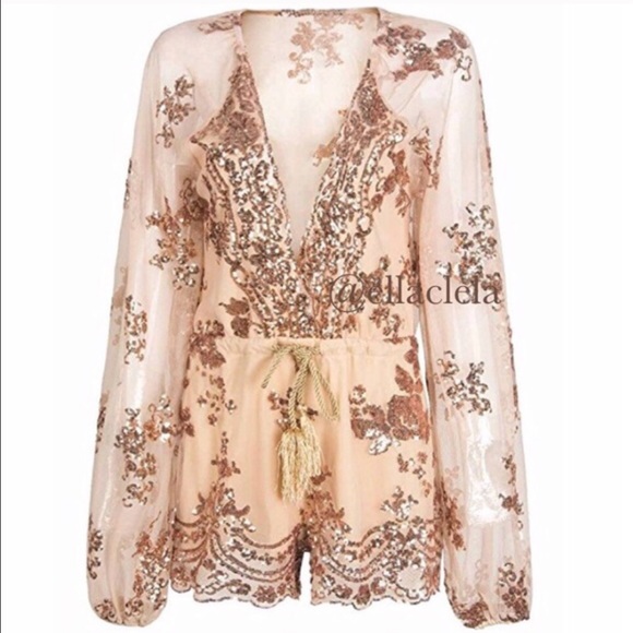 Rose Gold Sequin Sheer Romper Party Outfit - Picture 6 of 8