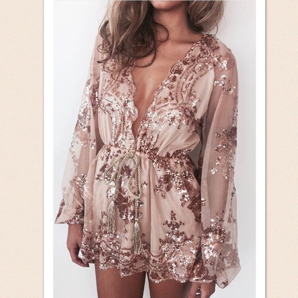 Rose Gold Sequin Sheer Romper Party Outfit - Picture 4 of 8