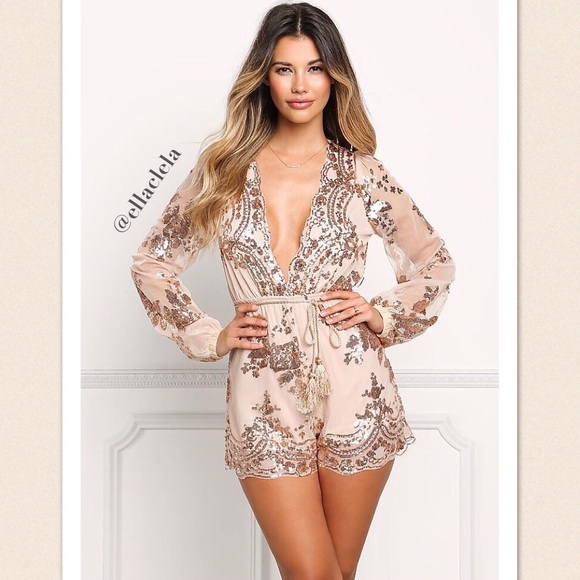 Rose Gold Sequin Sheer Romper Party Outfit - Picture 5 of 8