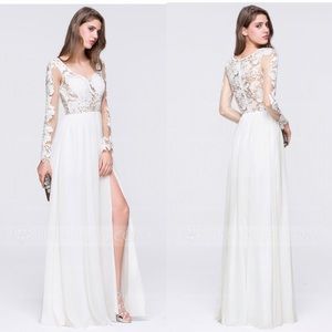 Champagne beige tan dress gown w/slit and lace
