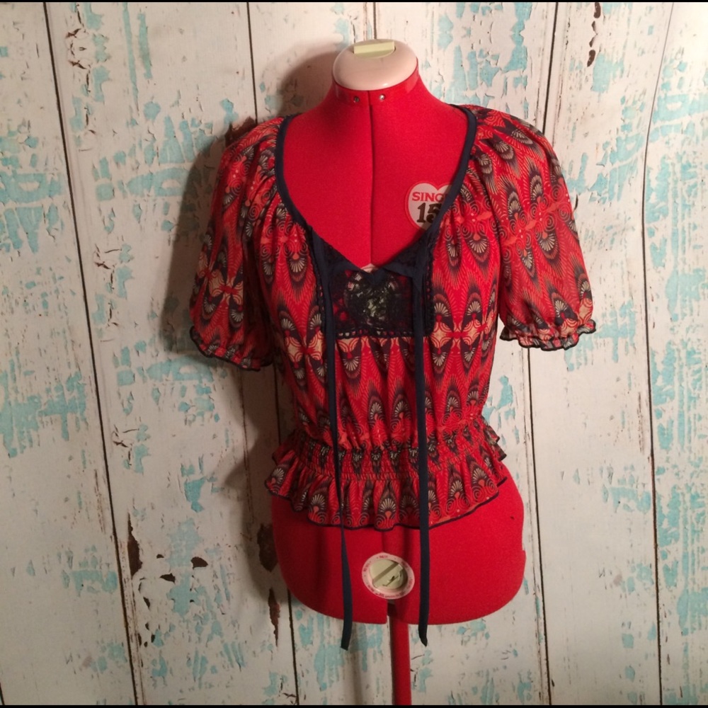 Red and Navy Peasant Blouse