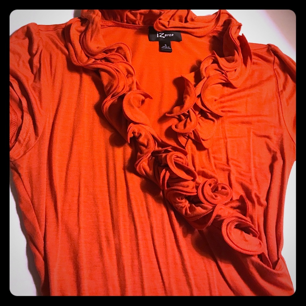Ruffled Neckline Short Sleeve Shirt, Orange