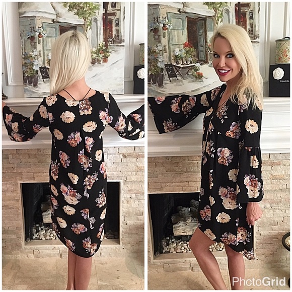 Black hi lo floral tie bell sleeve dress! LAST ONE - Picture 2 of 2